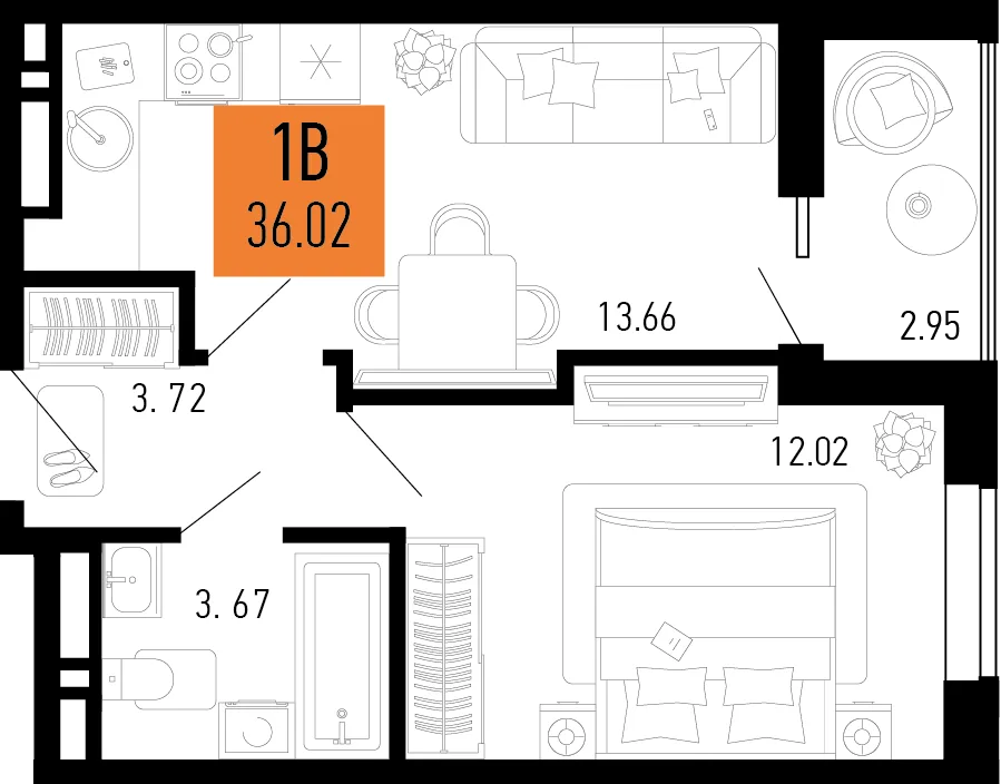Планировка 1-комн. квартира, 36.02 м² ЖК «Столицыно»
