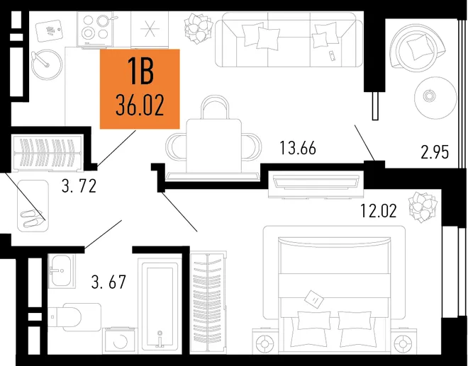 Планировка 1-комн. квартира, 36.02 м² ЖК «Столицыно»