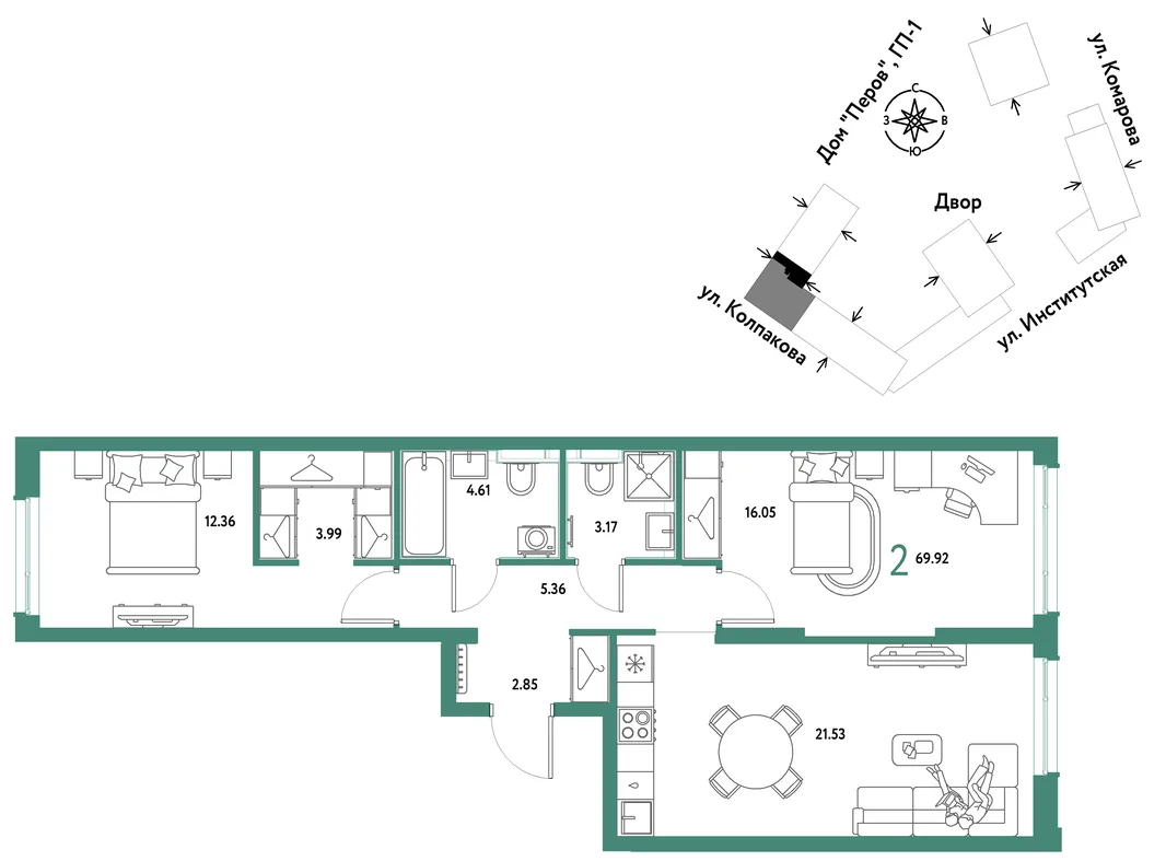 Планировка 2-комн. квартира, 69.92 м² ЖК «Страна.Парковая»