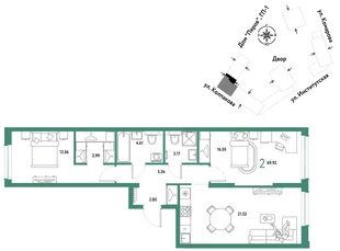 Планировка 2-комн. квартира, 69.92 м² ЖК «Страна.Парковая»