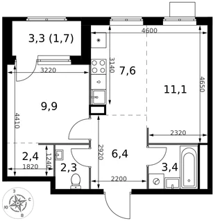 Планировка 2-комн. квартира, 44.8 м² ЖК «1-й Химкинский»