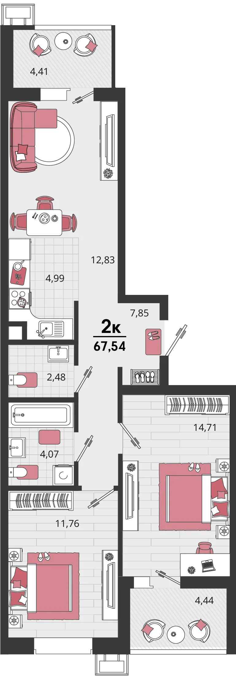 Планировка 3-комн. квартира, 67.54 м² ЖК «Родные просторы»