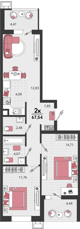 Планировка 3-комн. квартира, 67.54 м² ЖК «Родные просторы»