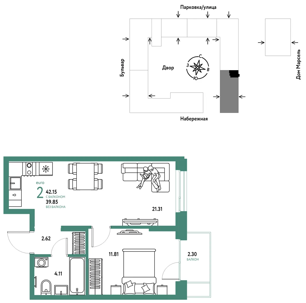 Планировка 2-комн. квартира, 42.15 м² ЖК «Европейский берег 2.0»