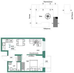 Планировка 2-комн. квартира, 42.15 м² ЖК «Европейский берег 2.0»