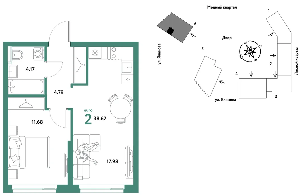 Планировка 2-комн. квартира, 38.62 м² ЖК «Сибирский сад»