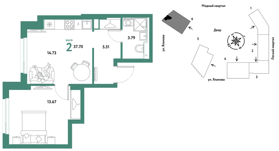 Планировка 2-комн. квартира, 37.7 м² ЖК «Сибирский сад»
