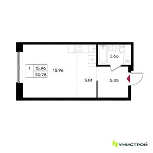 Планировка 1-комн. квартира, 30.78 м² ЖК «Уникум на Энгельса»