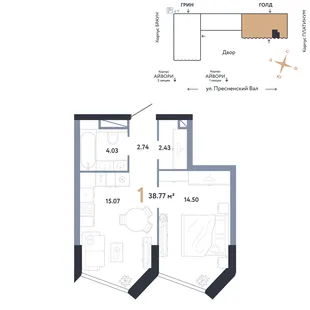 Планировка 1-комн. квартира, 38.77 м² ЖК «Репаблик»