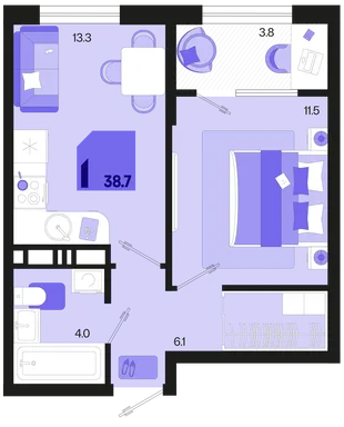 Планировка 1-комн. квартира, 38.7 м² ЖК «Первое место»