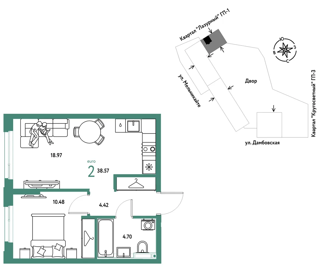 Планировка 2-комн. квартира, 38.57 м² ЖК «Страна Прибрежная»