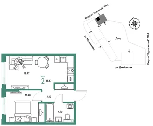 Планировка 2-комн. квартира, 38.57 м² ЖК «Страна Прибрежная»