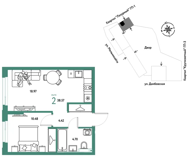Планировка 2-комн. квартира, 38.57 м² ЖК «Страна Прибрежная» Планировка 2-комн. квартира, 38.57 м² ЖК «Страна Прибрежная»