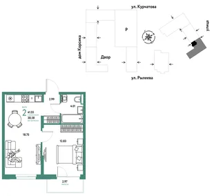 Планировка 2-комн. квартира, 41.72 м² ЖК «Остров-сад»