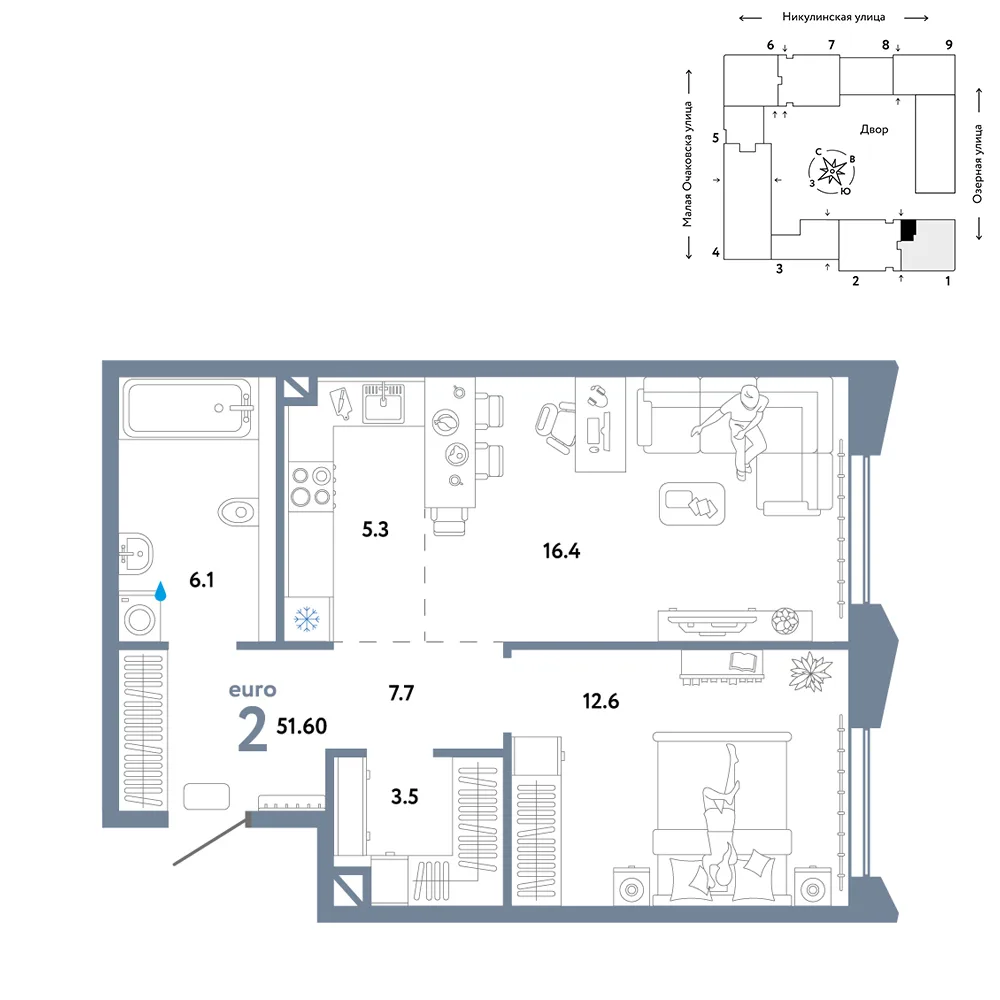 Планировка 2-комн. квартира, 51.6 м² ЖК «Страна.Озёрная»