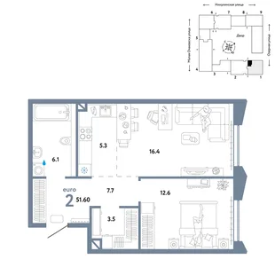 Планировка 2-комн. квартира, 51.6 м² ЖК «Страна.Озёрная»