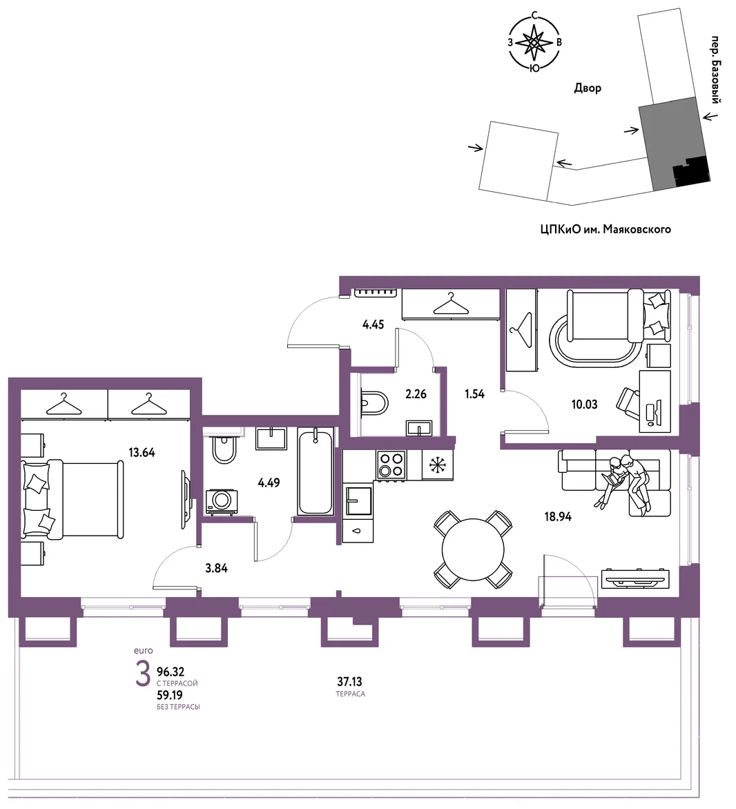 Планировка 3-комн. квартира, 96.32 м² ЖК «Сибирский сад»