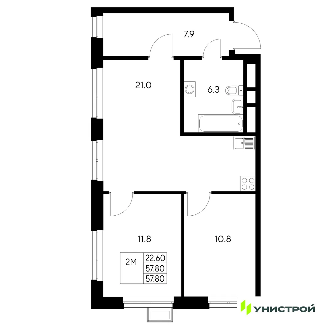 Планировка 2-комн. квартира, 57.8 м² ЖК «Стадиум»