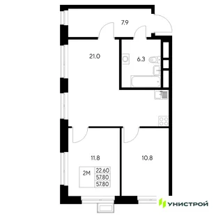 Планировка 2-комн. квартира, 57.8 м² ЖК «Стадиум»