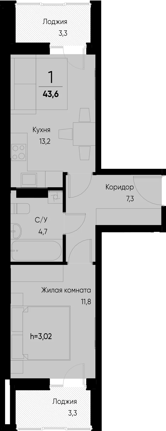 Планировка 1-комн. квартира, 43.6 м² ЖК «Васильевский остров»