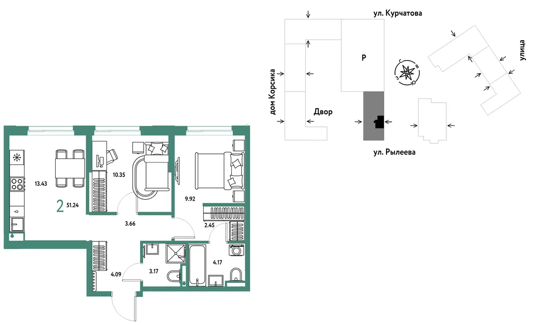Планировка 2-комн. квартира, 51.22 м² ЖК «Остров-сад»