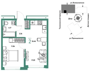 Планировка 2-комн. квартира, 36.46 м² ЖК «Страна Прибрежная»