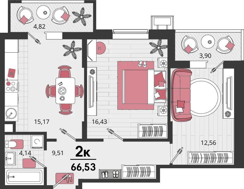 Планировка 2-комн. квартира, 66.53 м² ЖК «Родные просторы»