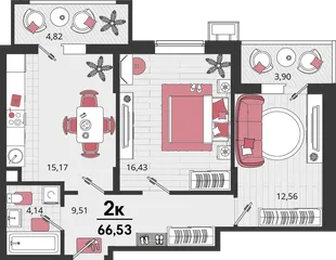Планировка 2-комн. квартира, 66.53 м² ЖК «Родные просторы»