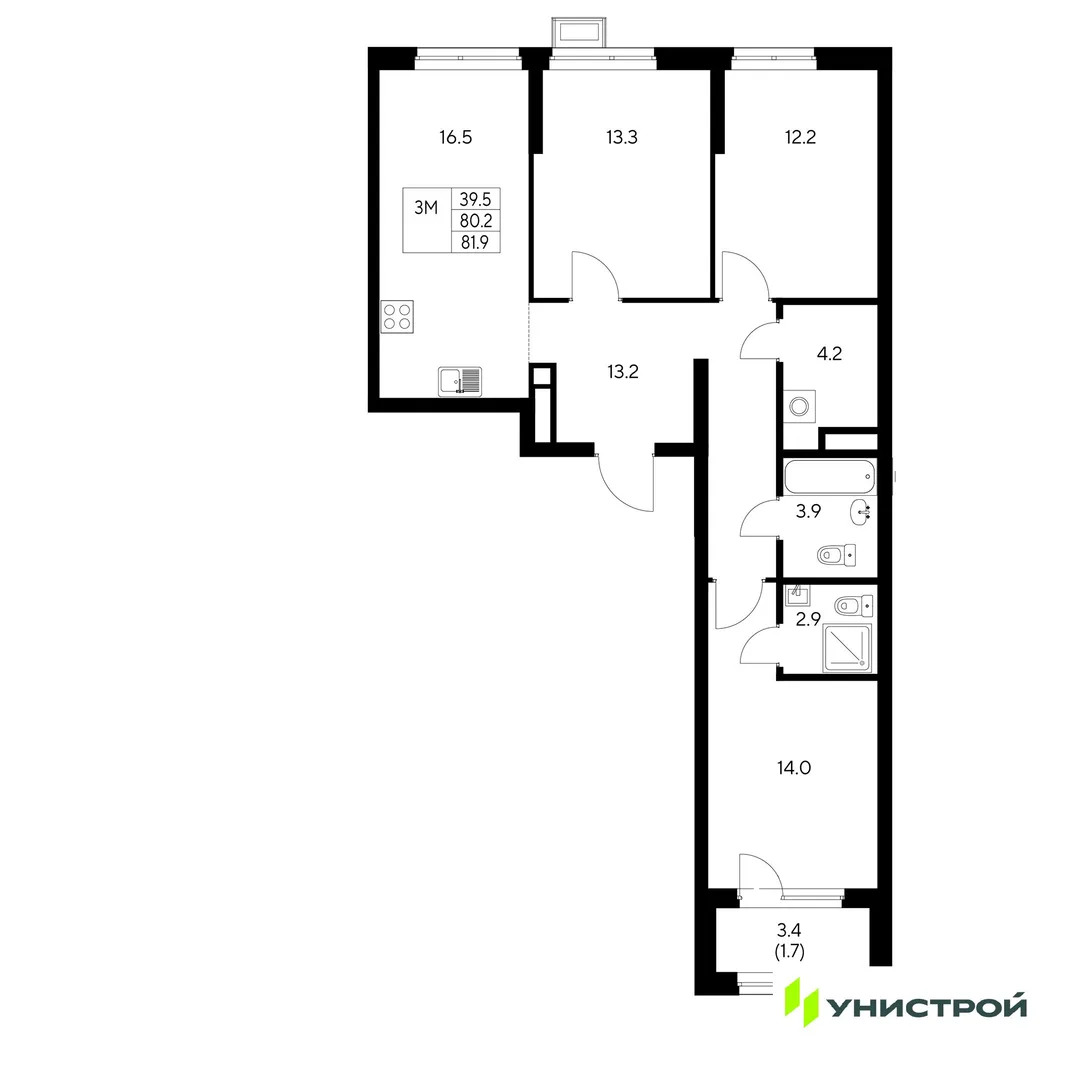 Планировка 3-комн. квартира, 81.9 м² ЖК «Стадиум»