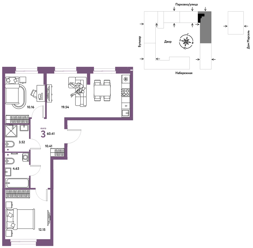 Планировка 3-комн. квартира, 60.41 м² ЖК «Европейский берег 2.0»