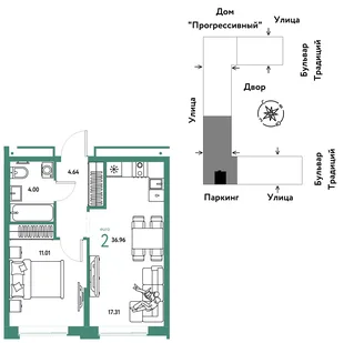 Планировка 2-комн. квартира, 36.96 м² ЖК «Микрорайон Домашний»
