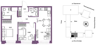 Планировка 3-комн. квартира, 57.34 м² ЖК «Сердце Сибири»