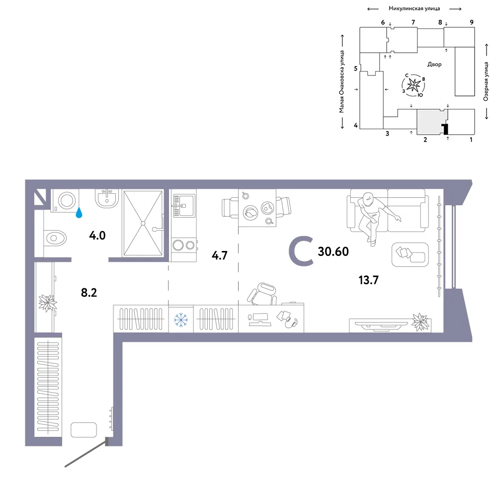 Планировка Студия, 30.6 м² ЖК «Страна.Озёрная»