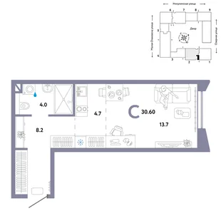 Планировка Студия, 30.6 м² ЖК «Страна.Озёрная»