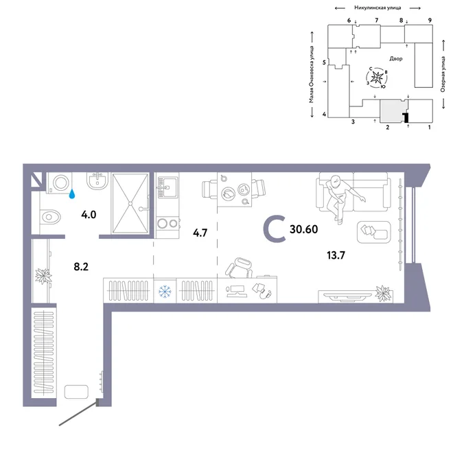 Планировка Студия, 30.6 м² ЖК «Страна.Озёрная» Планировка Студия, 30.6 м² ЖК «Страна.Озёрная»