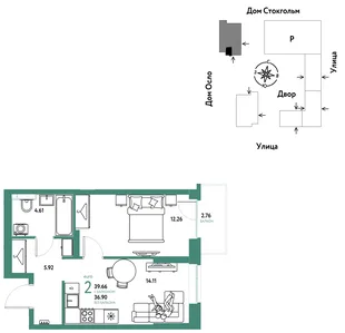 Планировка 2-комн. квартира, 39.66 м² ЖК «Европейский берег 2.0»