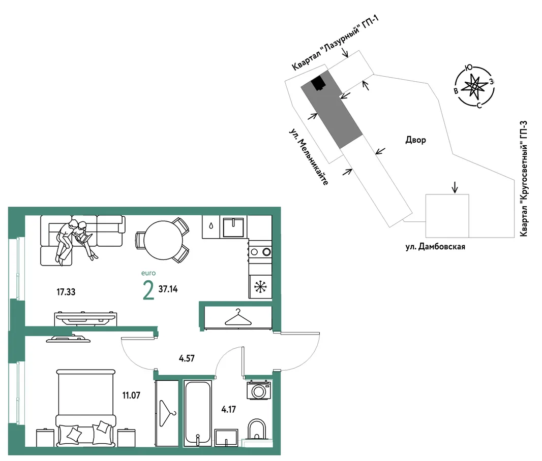 Планировка 2-комн. квартира, 37.14 м² ЖК «Страна Прибрежная»