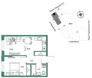 Планировка 2-комн. квартира, 37.14 м² ЖК «Страна Прибрежная»