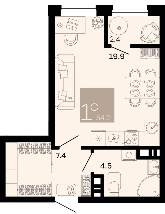 Планировка Студия, 34.2 м² ЖК «Хозяин морей»