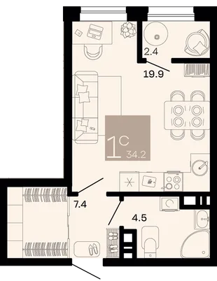 Планировка Студия, 34.2 м² ЖК «Хозяин морей»