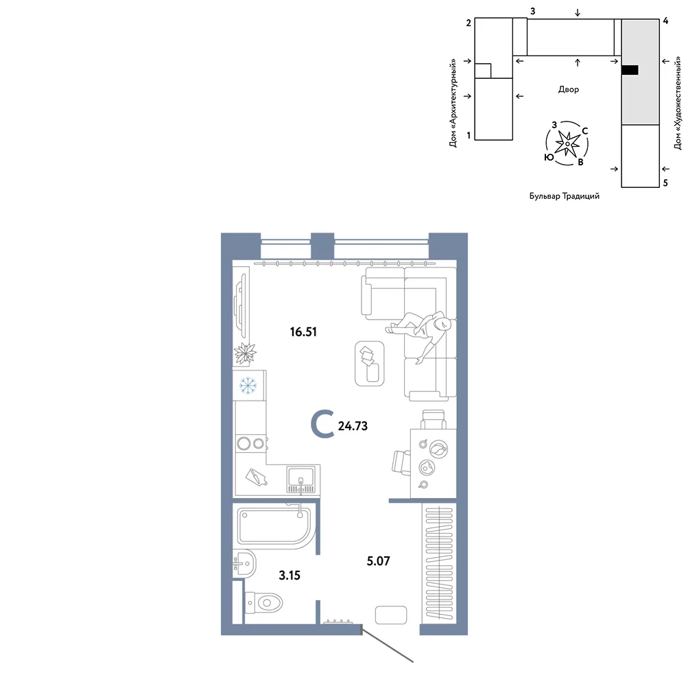 Планировка Студия, 24.73 м² ЖК «Микрорайон Домашний»