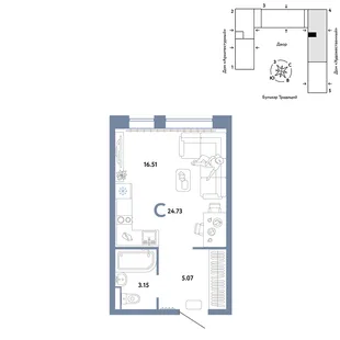 Планировка Студия, 24.73 м² ЖК «Микрорайон Домашний»