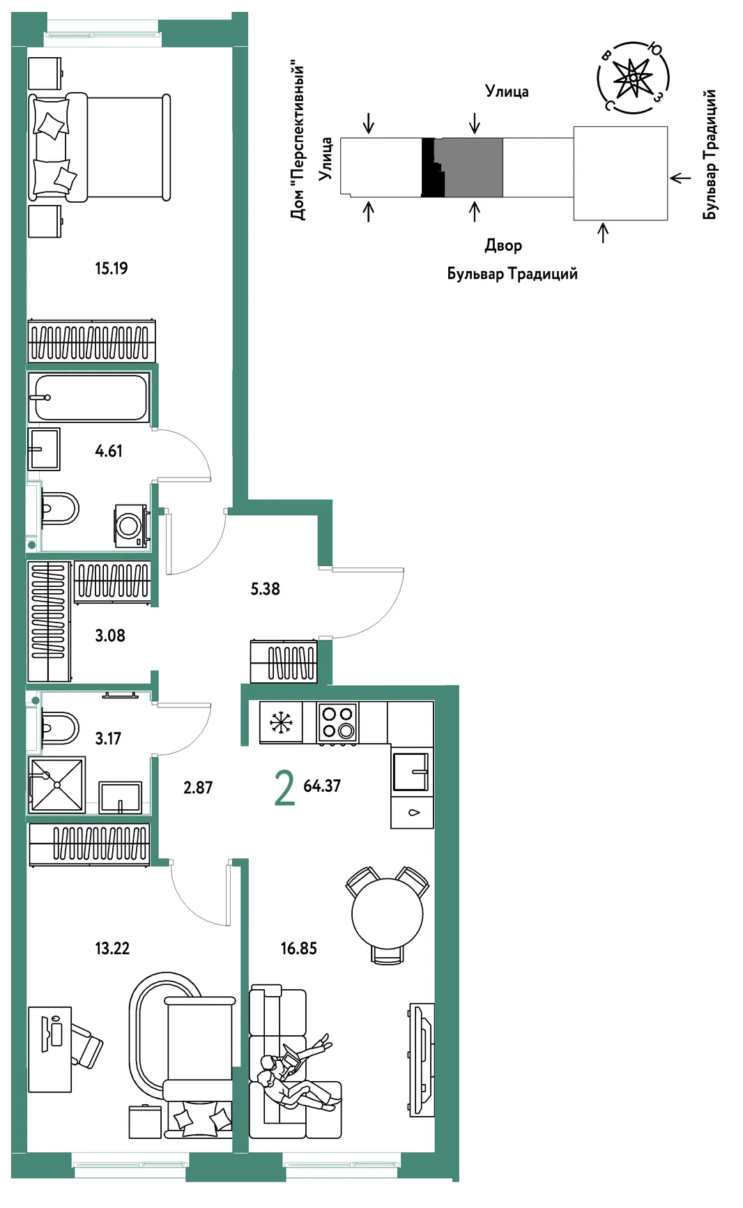 Планировка 2-комн. квартира, 64.37 м² ЖК «Микрорайон Домашний»
