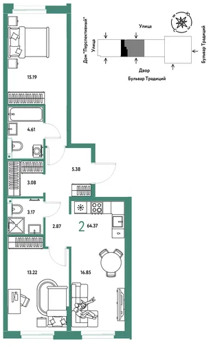 Планировка 2-комн. квартира, 64.37 м² ЖК «Микрорайон Домашний»