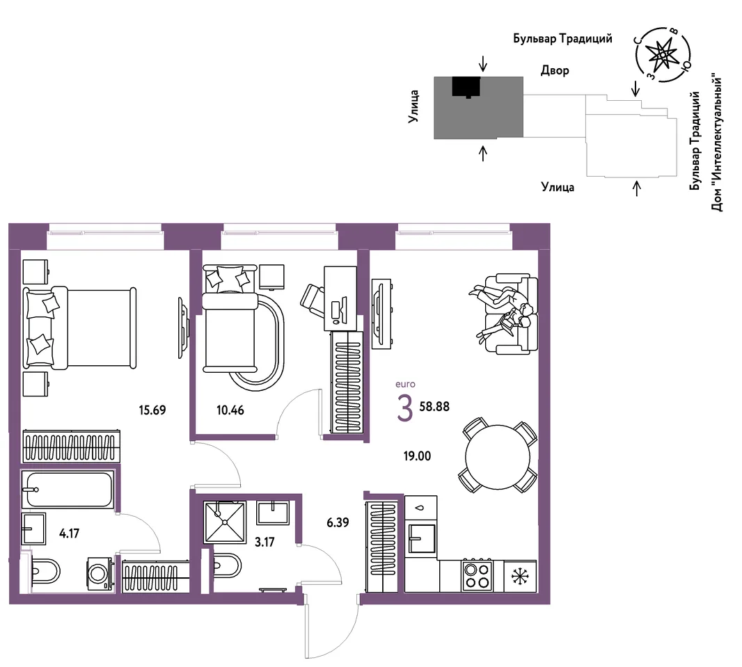 Планировка 3-комн. квартира, 58.88 м² ЖК «Микрорайон Домашний»