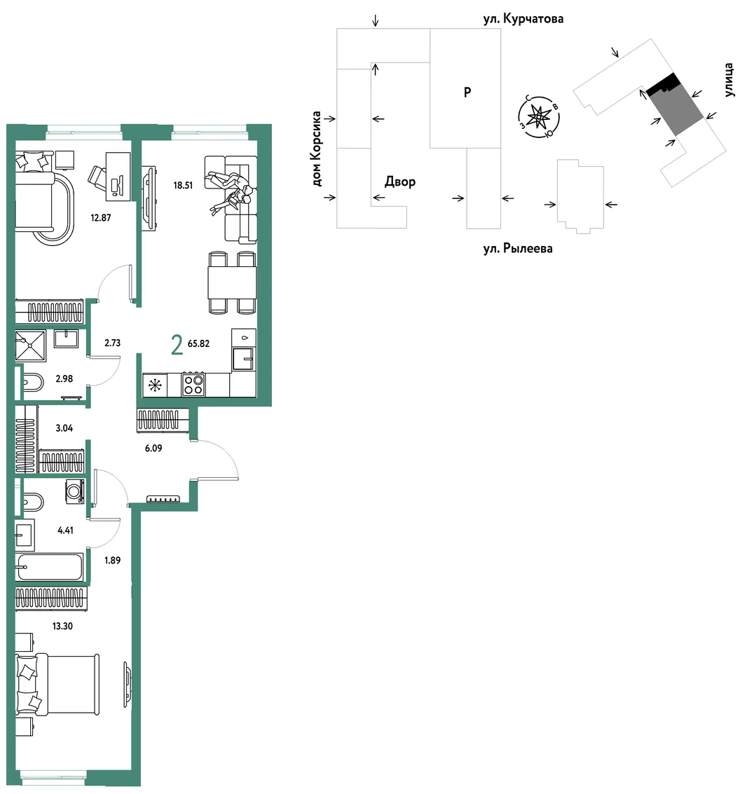 Планировка 2-комн. квартира, 66.26 м² ЖК «Остров-сад»