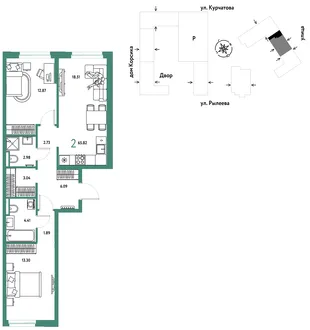 Планировка 2-комн. квартира, 66.26 м² ЖК «Остров-сад»