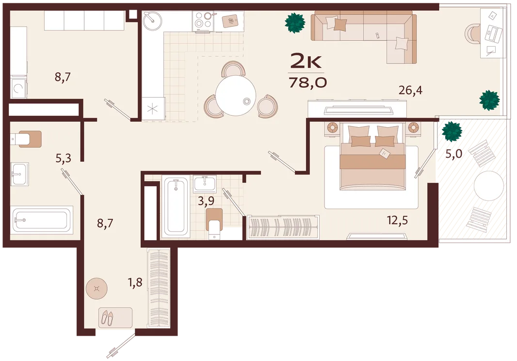 Планировка 2-комн. квартира, 78 м² ЖК «Роялта»