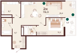 Планировка 2-комн. квартира, 78 м² ЖК «Роялта»