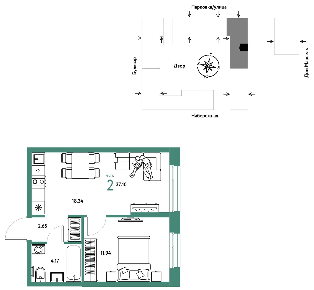 Планировка 2-комн. квартира, 37.1 м² ЖК «Европейский берег 2.0»